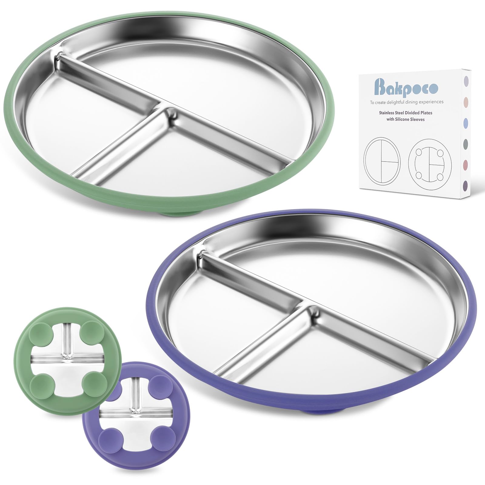 Prato Infantil Bakpoco Em Aço Inoxidável Com Sucção 23 Cm Verde E Roxo