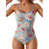 Roupa De Banho Feminina De Uma Peça Para Controle De Barriga, Rosa Franzida, Floral