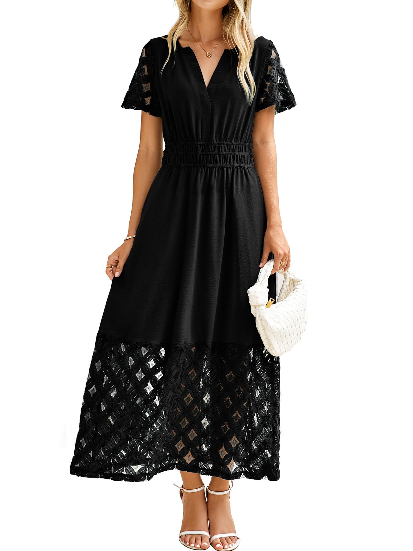 Vestido Maxi Simplee Apparel De Renda Preta De Verão Com Bolsos