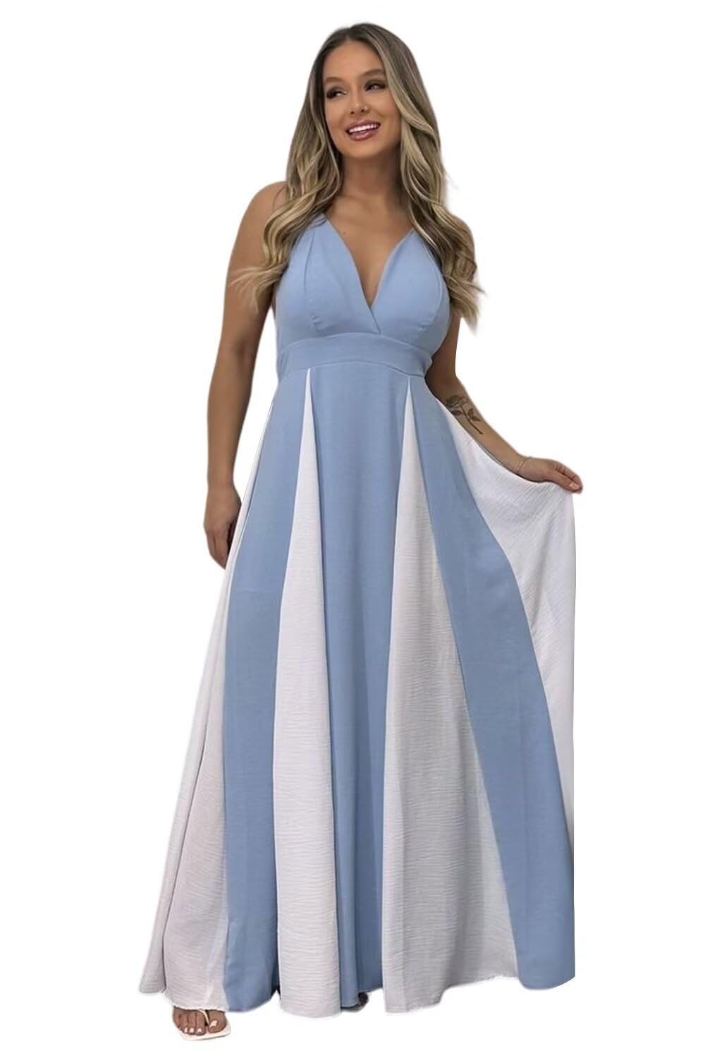 Vestido De Formatura Eemeii Spaghetti Straps, Patchwork, Azul, Branco