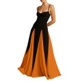 Vestido De Formatura Eemeii Spaghetti Straps Patchwork Preto Laranja