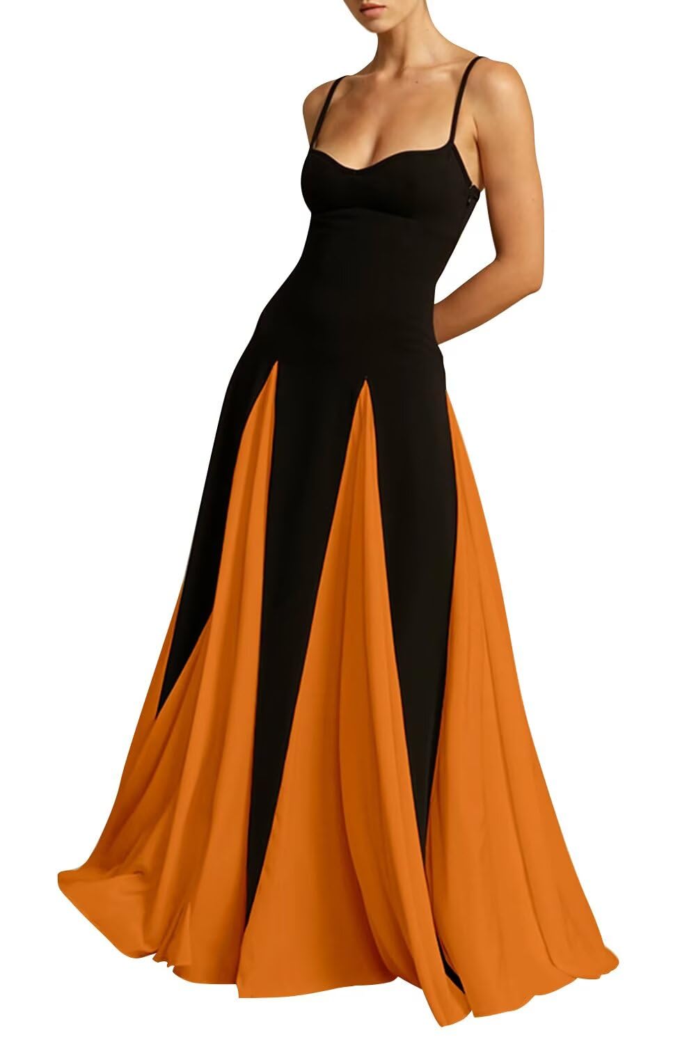 Vestido De Formatura Eemeii Spaghetti Straps Patchwork Preto Laranja