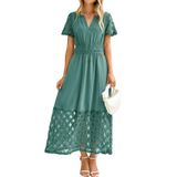 Vestido Maxi Simples Feminino Com Decote Em V Azul-petróleo De Verão Com Bolsos L