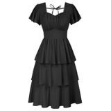 Vestido Belle Poque Vintage Dos Anos 50 Com Gola Quadrada Em Camadas, Preto