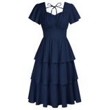 Vestido Belle Poque Vintage Em Camadas A-line Swing Azul Marinho