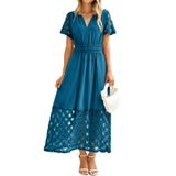 Vestido Maxi Simples Feminino De Verão Com Decote Em V, Manga Curta, Azul M