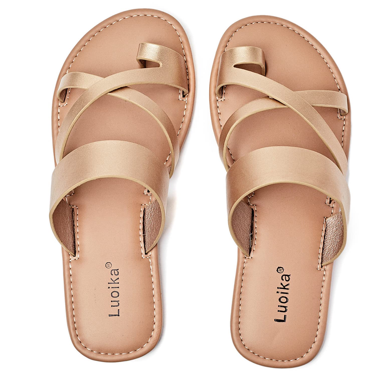 Sandálias Luoika Women Flat Wide Gold 7xw, Sapatos De Praia De Verão