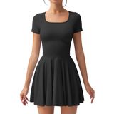Vestido Feminino Oqq Com Gola Quadrada E Bainha Com Babados, Mini Preto, Verão