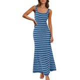 Vestido Maxi Merokeety 2025 Listrado Sem Mangas Com Gola Quadrada