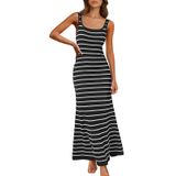 Vestido Maxi Merokeety Feminino 2025 Sem Mangas Listrado Preto