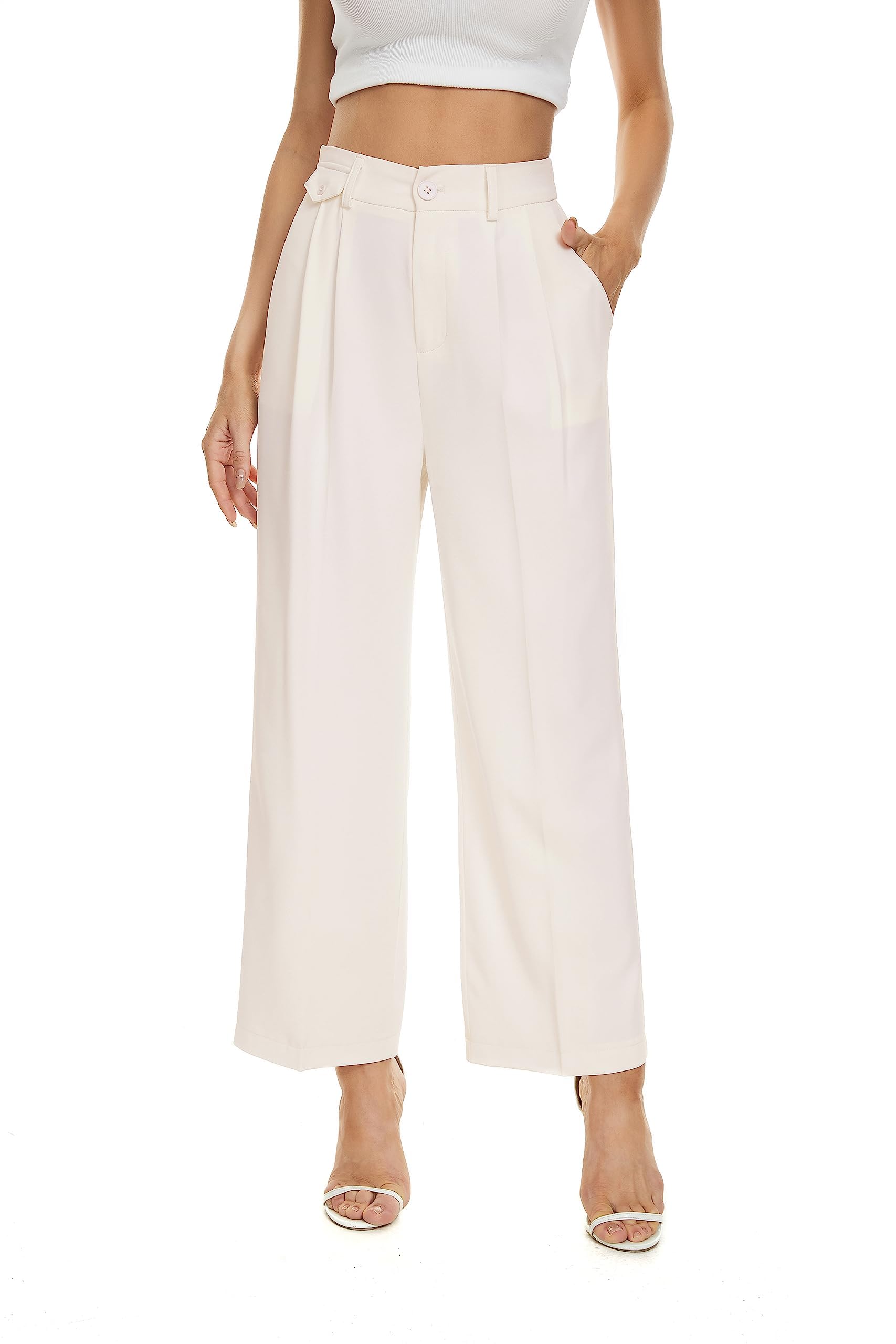 Calças Femininas Funyyzo Soltas Plissadas Na Frente, Perna Larga, Bege