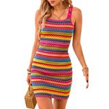 Mini Vestido Prettygarden 2025, Decote Quadrado De Verão, Listrado, Vermelho