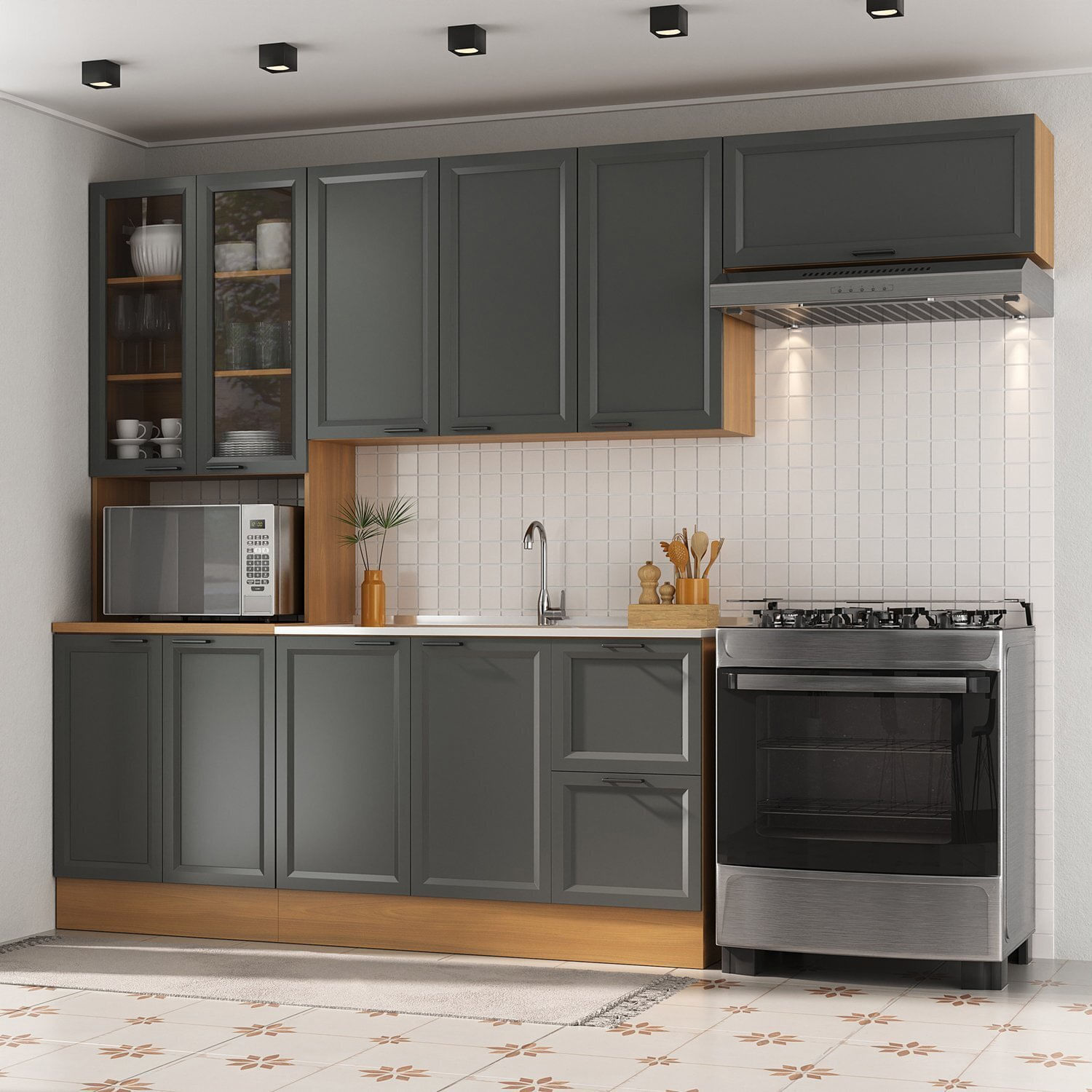 Cozinha Compacta 4 Peças 1 Paneleiro Duplo 2 Aéreos 1 Balcão Soho Cabecasa Madeiramadeira Freijó/grafite