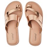 Sandálias Planas Luoika Femininas De Grande Largura, Chinelo Dourado, 10xw