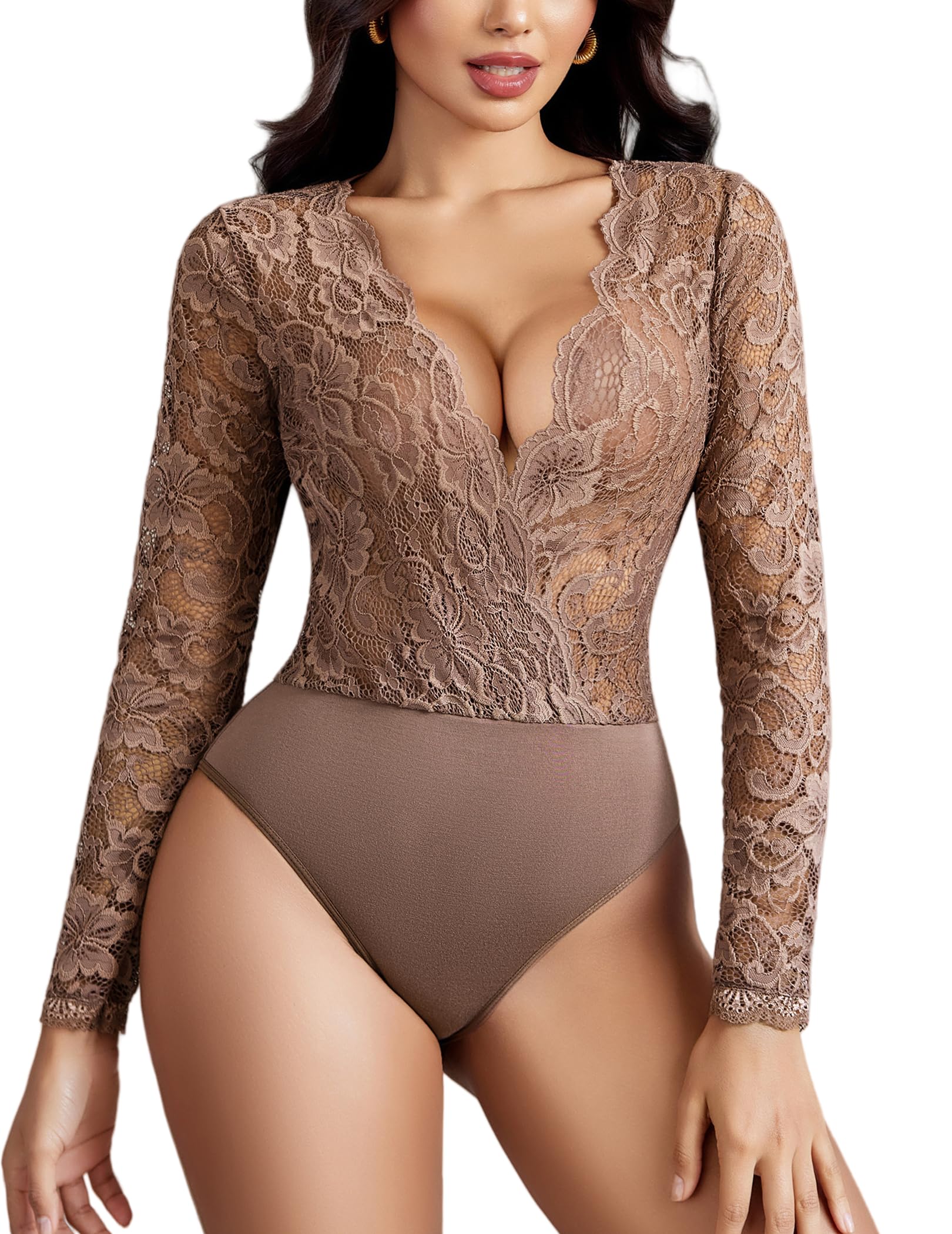 Bodysuit Feminino Avidlove, Manga Comprida, Decote Em V, Renda, Lingerie De Pelúcia