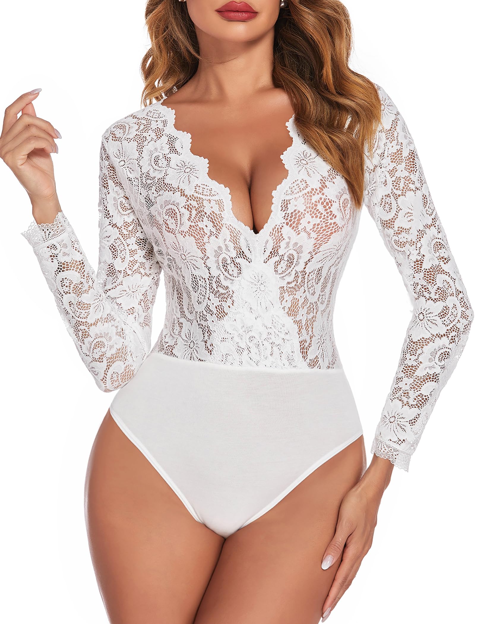 Bodysuit Feminino Avidlove, Manga Comprida, Decote Em V, Renda Branca