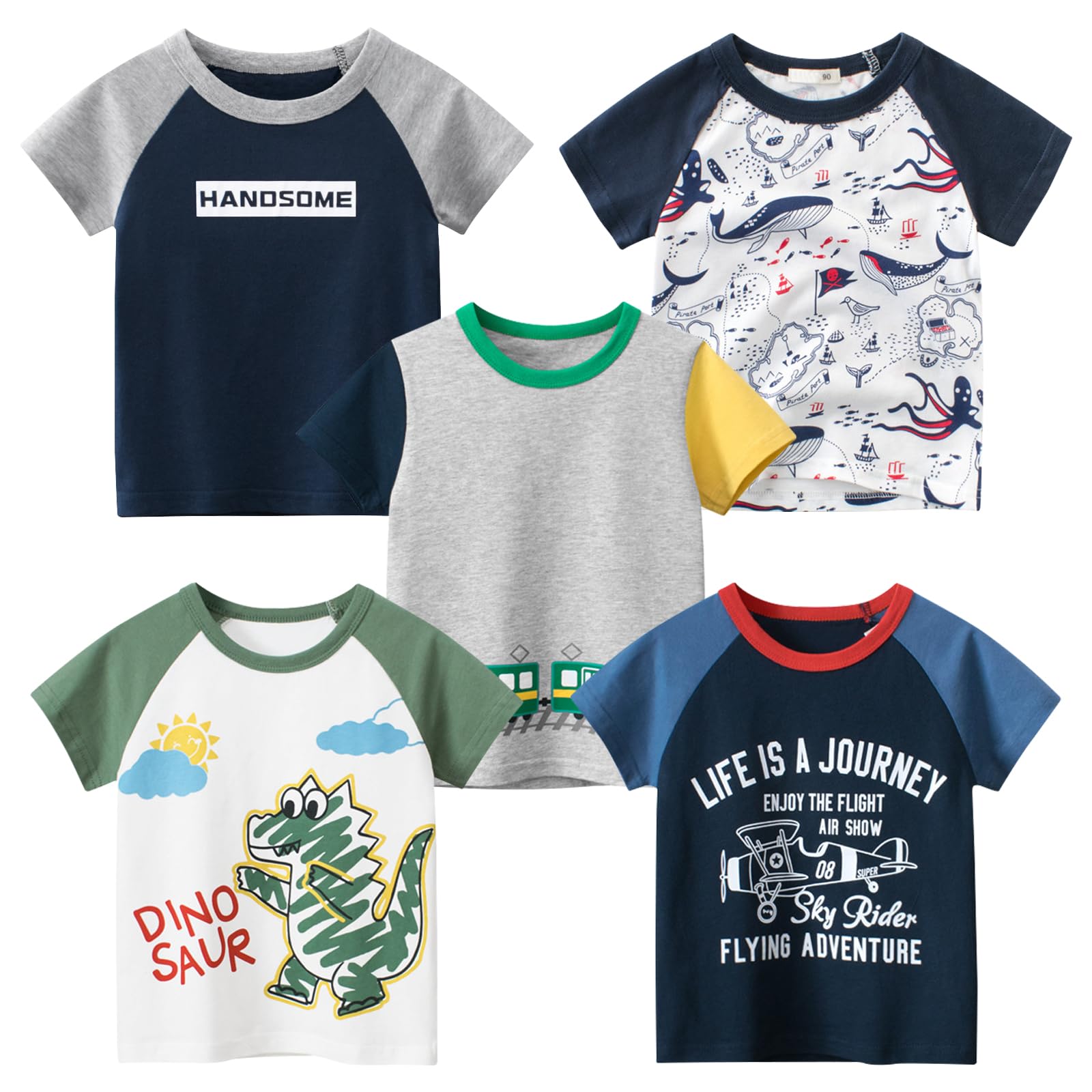 Camiseta Masculina Tabnix Dino, Manga Curta, Gola Redonda, Pacote Com 5, 2 A 7 Anos