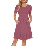 Vestido Feminino Auselily De Manga Curta De Verão Na Altura Do Joelho