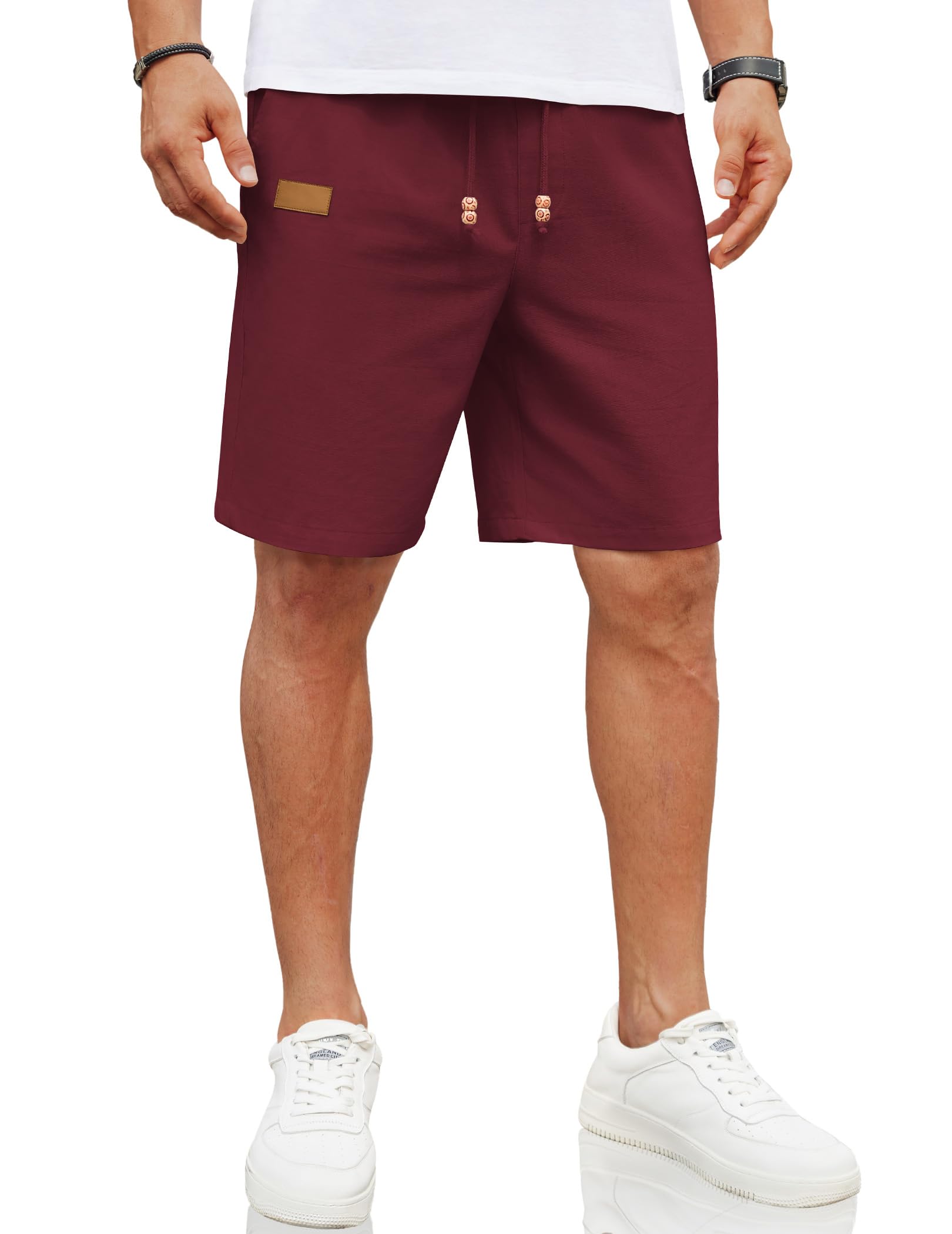 Shorts Masculinos Coofandy, Linho, Elástico, Cintura, Cordão, Vinho Tinto