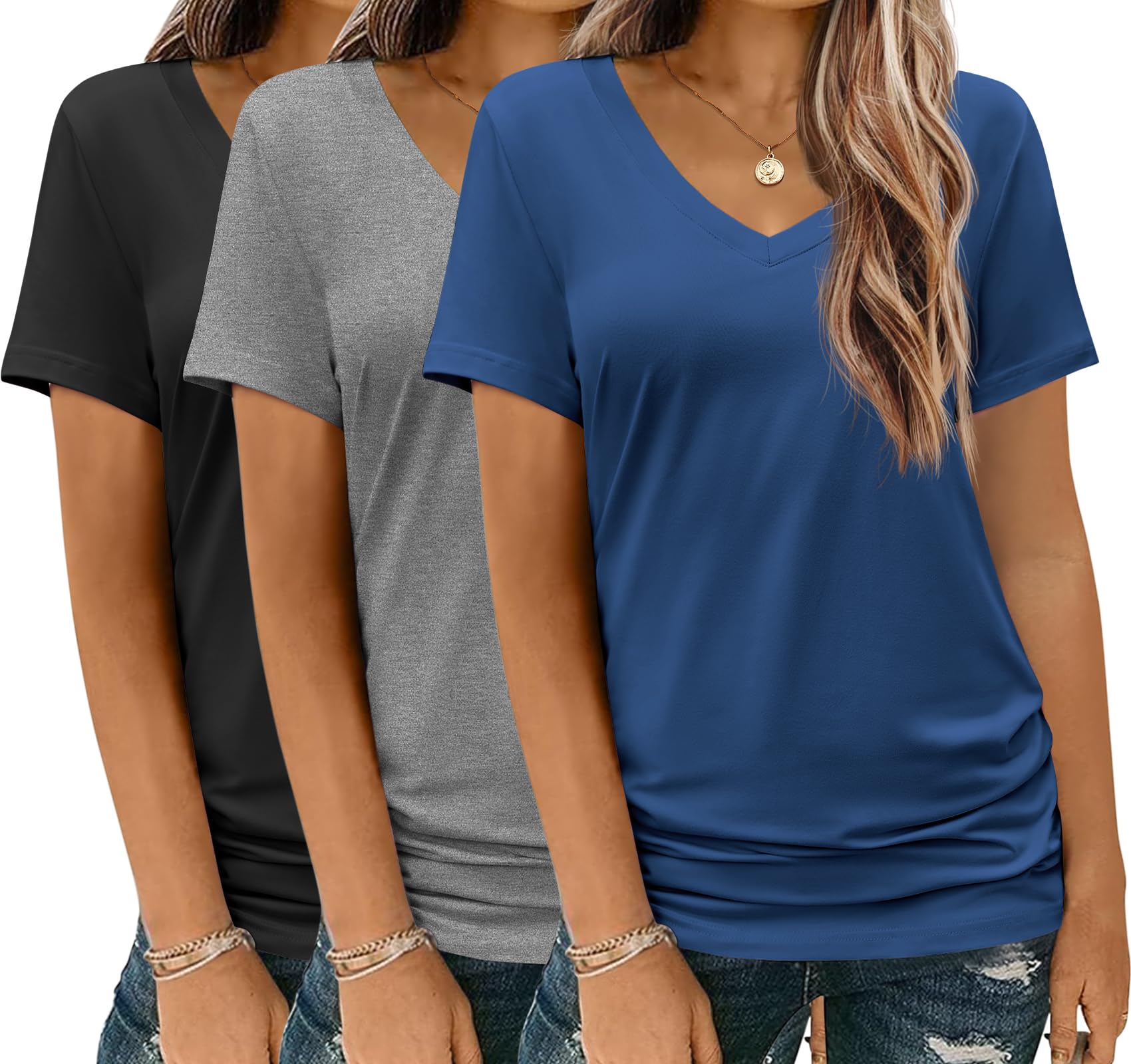 Camiseta Feminina Hotouch Com Decote Em V E Manga Curta, Blusas Casuais X3