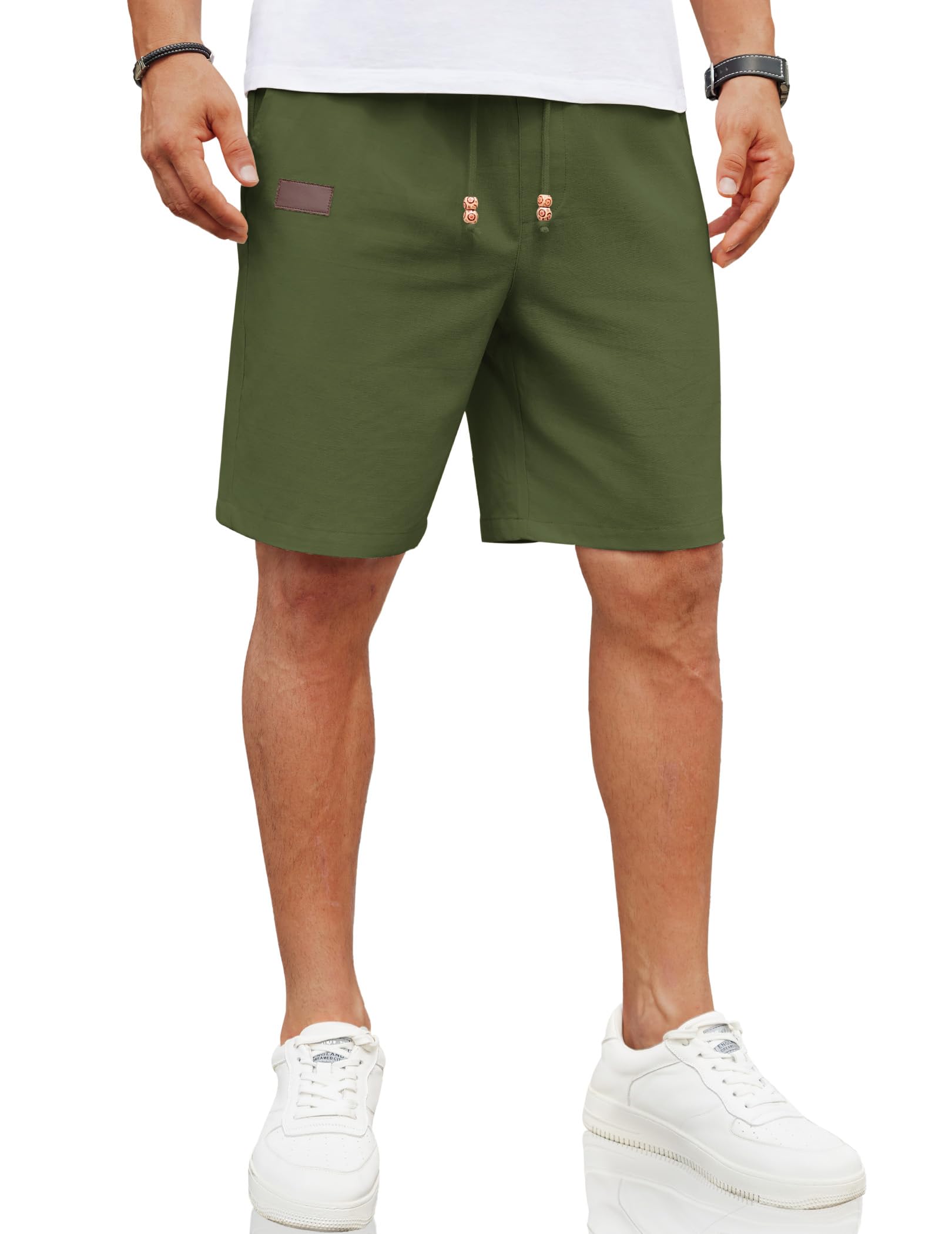 Shorts Masculinos Coofandy, De Linho, Casuais, Elásticos, Verde Militar