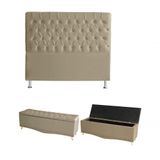 Kit Estrela Cabeceira De Cama Box E Calçadeira Baú Pés Palito Botão Cristal King 195 Cm Suede Bege Do Lar Móveis