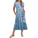 Vestido Midi Zeagoo Feminino Aline Flowy Swing Azul Floral-2
