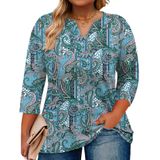 Blusas Romanstii Plus Size Femininas, Manga 3/4, Decote Em V, Azul, Verde