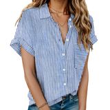 Camisa Hotouch Com Listras De Algodão Feminina Com Decote Em V E Manga Curta