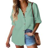 Camisa Feminina Hotouch De Linho Com Botões, Manga Comprida, Verde M