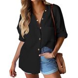 Camisa Hotouch De Tamanho Grande Com Botões, Preta, Algodão, Linho, Linho, Mulher