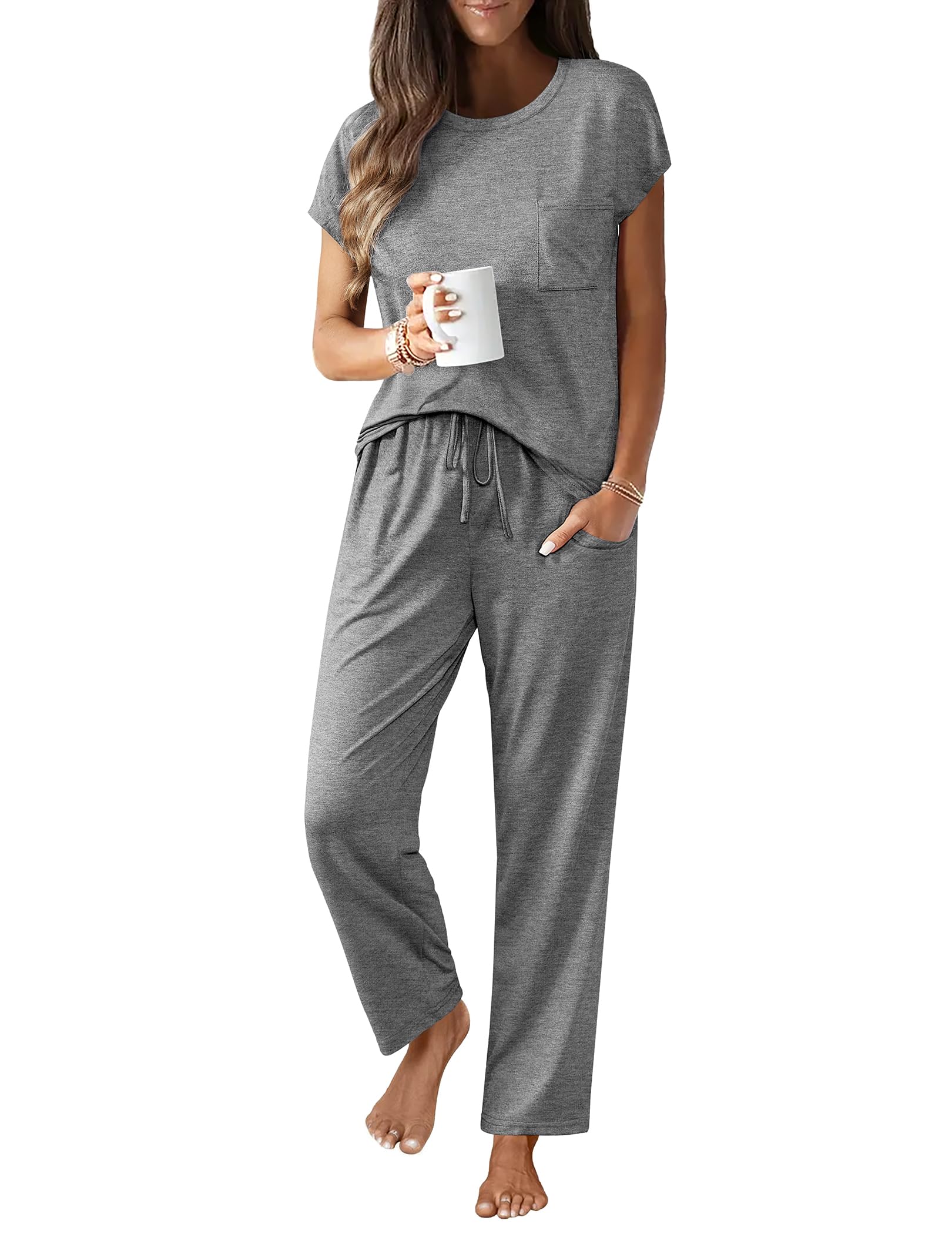 Conjunto De Pijamas Femininos Ekouaer De Manga Curta Com Bolsos