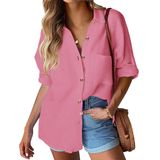 Camisa Feminina Hotouch, Gaze, Algodão, Linho, Decote Em V, Rosa, Rosa, S