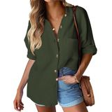Camisa Feminina Hotouch, 100% Algodão, Linho, Decote Em V, Manga Comprida
