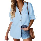 Camisa Hotouch De Tamanho Grande Com Botões, Linho, Algodão, Feminina, Azul, Gg
