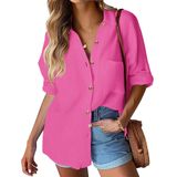 Camisa Feminina Hotouch, De Linho, Manga Comprida, Grande, Rosa Vermelha L