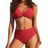 Conjunto De Biquíni Ai&#39;mage High Waisted Tummy Control Com Decote Em V Vermelho