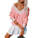 Suéter Feminino Aoudery Com Decote Em V De Grandes Dimensões, Tricotado Listrado
