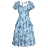 Vestido Belle Poque Vintage Em Camadas A-line Swing Azul Floral