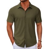 Camisa Coofandy Sem Rugas De Manga Curta Com Botões, Verde Militar