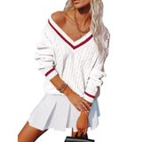Suéter Feminino Aoudery, Decote Em V, Tricotado De Grandes Dimensões R_white02 L