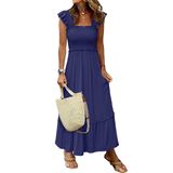Vestido Maxi Anrabess Sem Mangas, Gola Quadrada, Azul Marinho, Feminino