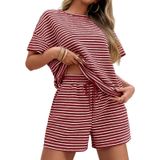 Pijamas Femininos Tankaneo, Conjuntos De Lounge De 2 Peças, Camisetas Listradas De Manga Curta, Shorts Com Cordão, Conjunto Combinando, Cor De Vinh