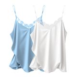 2 Peças De Camiseta De Seda Acetinada Com Renda Cami, Alça De Espaguete Ajustável