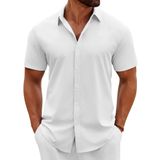 Camisa Masculina Coofandy Com Botões, Manga Curta, Linho Branco