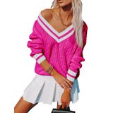 Suéter Aoudery Feminino Com Decote Em V De Grandes Dimensões Tricotado Rosa Choque L