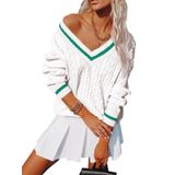 Suéter Feminino Aoudery Com Decote Em V De Grandes Dimensões, Tricotado Listrado