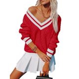 Suéter Aoudery Feminino Com Decote Em V De Grandes Dimensões Tricotado Vermelho - M