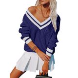 Suéter Aoudery Feminino Com Decote Em V De Grandes Dimensões Tricotado Em Azul Marinho Xl