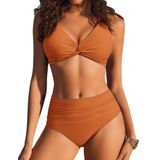 Conjunto De Biquíni Ai&#39;mage High Waisted Tummy Control V Neck Caramel